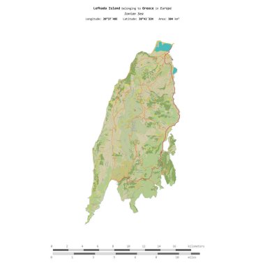 Yunanistan 'a ait İyon Denizi' ndeki Lefkada Adası, uzaklık ölçeğine sahip bir topoğrafik OSM İnsani Yardım Stili haritasında izole edilmiştir.