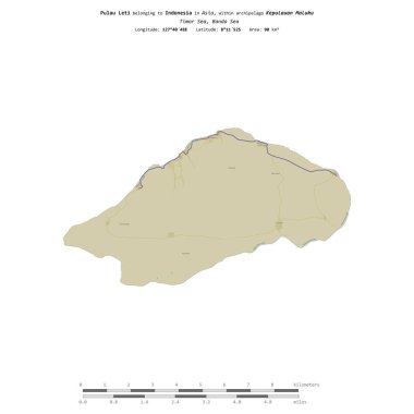 Timor Denizi 'ndeki Pulau Leti, Endonezya' ya ait, bir topoğrafya üzerinde izole edilmiş, OSM İnsani-stil haritası, mesafe ölçeğinde