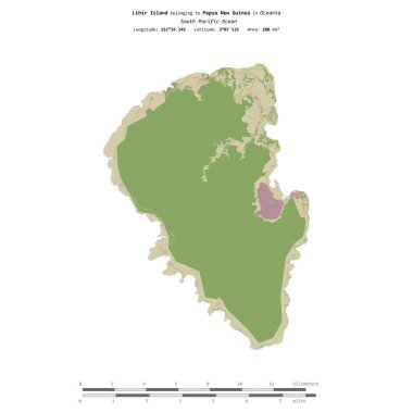 Güney Pasifik Okyanusu 'ndaki Lihir Adası, Papua Yeni Gine' ye ait, bir topoğrafik üzerinde izole edilmiş, OSM İnsani Yardım Stili haritası, mesafe ölçeğinde
