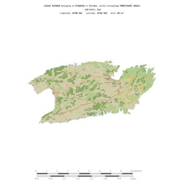 Hırvatistan 'a ait Adriyatik Denizi' ndeki Lissa Adası, uzaklık ölçeğine sahip bir topoğrafik OSM İnsani Yardım Stili haritasında izole edildi.