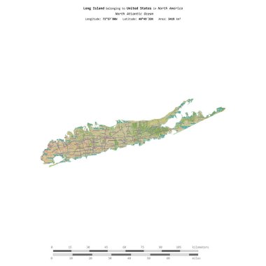 Amerika Birleşik Devletleri 'ne ait olan Kuzey Atlantik Okyanusu' ndaki Long Island, bir topoğrafik, OSM İnsani Yardım Stili haritasında, uzaklık ölçeğinde izole edilmiştir.