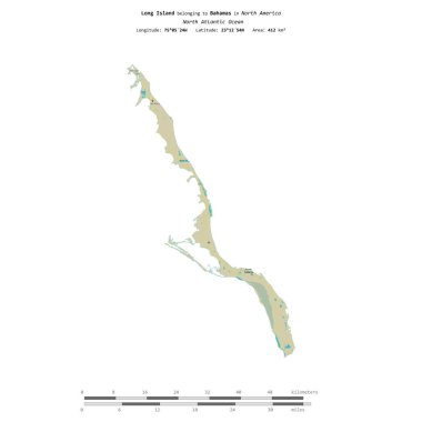 Bahamalar 'a ait olan Kuzey Atlantik Okyanusu' ndaki Long Island, bir topoğrafik, OSM İnsani-stil haritasında, uzaklık ölçeğinde izole edilmiştir.