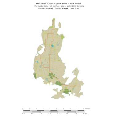 Güneydoğu Alaska 'nın Sahil Suları' ndaki Lopez Adası ve Birleşik Devletler 'e ait British Columbia, bir topoğrafi haritada izole edilmiş, OSM İnsani yardım tarzı haritası, mesafe ölçeğinde.