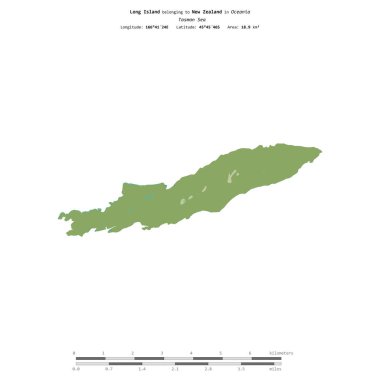Tasman Denizi 'ndeki Long Island, Yeni Zelanda' ya ait, bir topoğrafik, OSM İnsani-stil haritasında izole edilmiş, uzaklık ölçeğinde