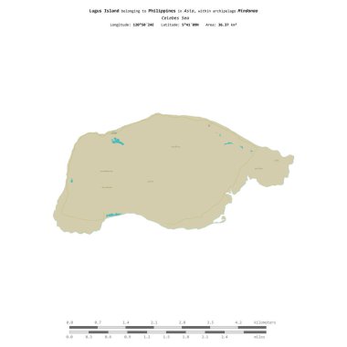 Filipinlere ait Celebes Denizi 'ndeki Lugus Adası, uzaklık ölçeğinde, OSM İnsani Yardım Stili haritasında izole edilmiştir.