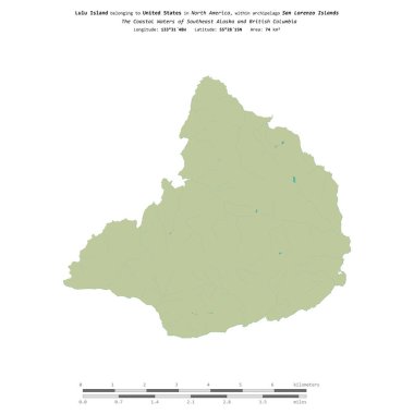 Güneydoğu Alaska ve Britanya Kolumbiyası 'nın Sahil Suları' ndaki Lulu Adası, bir topoğrafi haritada izole edilmiş, OSM İnsani Yardım tarzı, mesafe ölçeğinde.