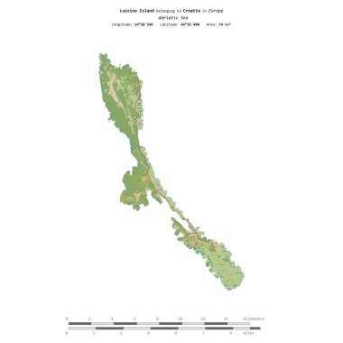 Lussino Island in the Adriatic Sea, belonging to Croatia, isolated on a topographic, OSM Humanitarian style map, with distance scale clipart