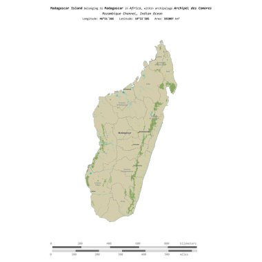 Madagaskar 'ın Hint Okyanusu' ndaki Madagaskar Adası, bir topoğrafik, OSM İnsani Yardım Stili haritasında, uzaklık ölçeğinde izole edilmiştir.