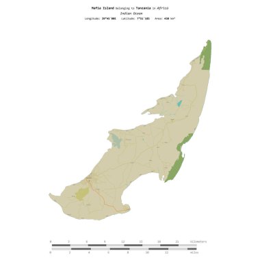Hint Okyanusu 'ndaki Mafya Adası, Tanzanya' ya ait, bir topoğrafik, OSM İnsani-stil haritasında izole edilmiş, uzaklık ölçeğinde