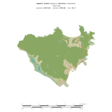 Avustralya 'ya ait Mercan Denizi' ndeki Manyetik Ada, uzaklık ölçeğine sahip bir topoğrafik OSM İnsani Yardım Stili haritasında izole edilmiştir.