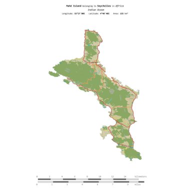 Hint Okyanusu 'ndaki Mahe Adası, Seyşeller' e ait, bir topoğrafik, OSM İnsani-stil haritasında izole edilmiş, uzaklık ölçeğinde
