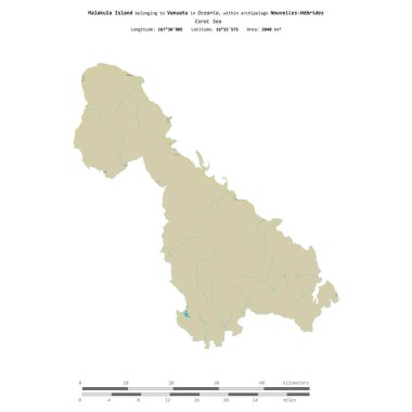 Vanuatu 'ya ait Mercan Denizi' ndeki Malakula Adası, uzaklık ölçeğinde OSM İnsani Yardım Stili haritasında izole edilmiştir.