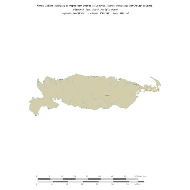 Bismarck Denizi 'ndeki Manus Adası, Papua Yeni Gine' ye ait, bir topoğrafya üzerinde izole edilmiş, OSM İnsani yardım tarzı haritası, uzaklık ölçeğinde