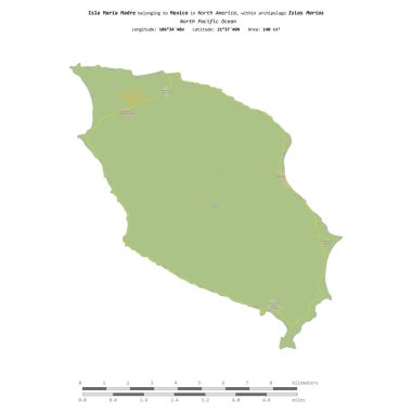 Meksika 'ya ait Kuzey Pasifik Okyanusu' ndaki Maria Madre Adası, uzaklık ölçeğinde, OSM İnsani Yardım Stili haritasında izole edilmiştir.