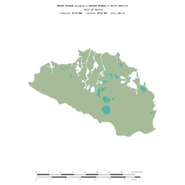 Meksika Körfezi 'ndeki bataklık adası, Amerika Birleşik Devletleri' ne ait, bir topoğrafik, OSM İnsani Stil haritasında izole edilmiş, uzaklık ölçeğinde