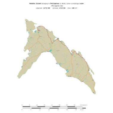Filipin Denizi 'ndeki Masbate Adası, uzaklık ölçeğinde, OSM İnsani Yardım Stili haritasında, bir topoğrafik olarak izole edilmiştir.