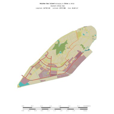 Çin 'e ait Doğu Çin Denizi' ndeki Meishan Dao Adası, uzaklık ölçeğine sahip bir topoğrafik OSM İnsani Stil Haritası üzerinde izole edilmiştir.
