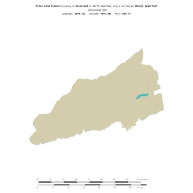 Grönland Denizi 'ndeki Milne Kara Adası, uzaklık ölçeğinde bir topoğrafi, OSM İnsani-stil haritasında izole edilmiştir.