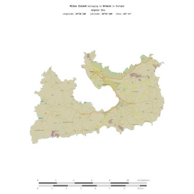 Yunanistan 'a ait Ege Denizi' ndeki Milos Adası, uzaklık ölçeğine sahip bir topoğrafik OSM İnsani Yardım Stili haritasında izole edildi.