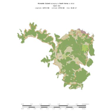 Güney Kore 'ye ait olan Japonya Denizi' ndeki Mireukdo Adası, uzaklık ölçeğine sahip bir topoğrafik OSM İnsani Stil Haritası üzerinde izole edilmiştir.