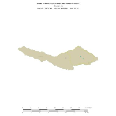 Solomon Denizi 'nde bulunan ve Papua Yeni Gine' ye ait olan Misima Adası, uzaklık ölçeğinde OSM İnsani Yardım Stili haritasında izole edilmiştir.