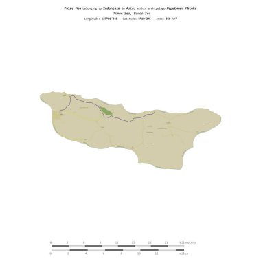 Timor Denizi 'ndeki Pulau Moa, Endonezya' ya ait, bir topoğrafya üzerinde izole edilmiş, OSM İnsani-stil haritası, mesafe ölçeğinde