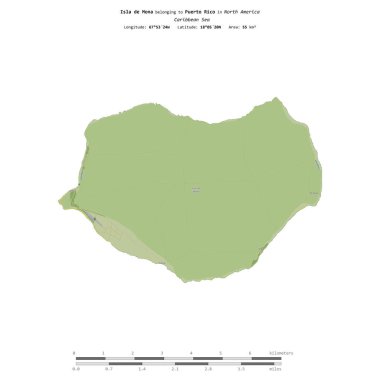 Karayip Denizi 'ndeki Mona Adası, Porto Riko' ya ait, bir topoğrafik, OSM İnsani Yardım Stili haritasında izole edilmiş, mesafe ölçeğinde.