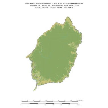 Molukka Denizi 'ndeki Pulau Morotai, Endonezya' ya ait, bir topoğrafya üzerinde izole edilmiş, OSM İnsani yardım tarzı haritası, mesafe ölçeğinde