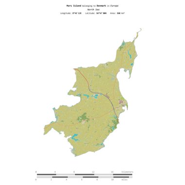 Kuzey Denizi 'ndeki Mors Adası, uzaklık ölçeğinde bir topoğrafi OSM İnsani Yardım Stili haritasında izole edilmiştir.