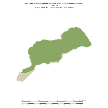 Vanuatu 'ya ait Mercan Denizi' ndeki Moso Adası, bir topoğrafik, OSM İnsani Yardım Stili haritasında, uzaklık ölçeğinde izole edilmiştir.