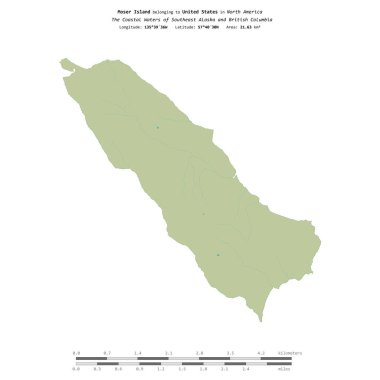 Güneydoğu Alaska ve Britanya Kolumbiyası 'nın Sahil Suları' ndaki Moser Adası, bir topoğrafi haritada izole edilmiş, OSM İnsani yardım tarzı haritası, mesafe ölçeğinde.
