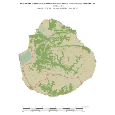 Karayip Denizi 'ndeki Marie-Galante Adası, Guadeloupe' a ait, uzaklık ölçeğinde OSM İnsani Yardım Stili haritasında izole edilmiş.