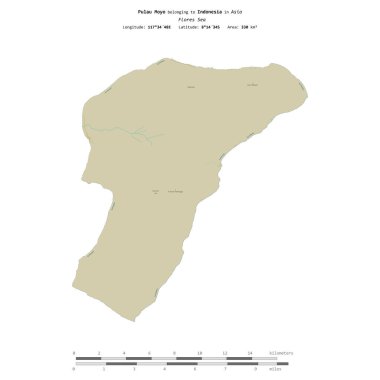 Flores Denizi 'ndeki Pulau Moyo, Endonezya' ya ait, bir topoğrafya üzerinde izole edilmiş, OSM İnsani yardım tarzı haritası, mesafe ölçeğinde.