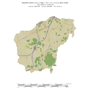 Japonya 'ya ait Seto Naikai ya da İç Denizi' ndeki Mukaishima Adası, uzaklık ölçeğinde, OSM İnsani Yardım Stili haritasında izole edilmiştir.