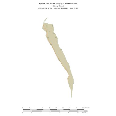 Bengal Körfezi 'ndeki Myengun Kyun Adası, Myanmar' a ait, uzaklık ölçeğinde OSM İnsani Yardım Haritası üzerinde izole edilmiş.