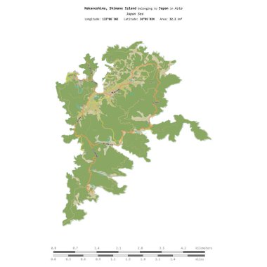 Japonya Denizi 'ndeki Nakanoshima, Shimane Adası, uzaklık ölçeğinde OSM İnsani Yardım Haritası üzerinde izole edilmiş.