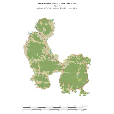 Güney Kore 'ye ait olan Japonya Denizi' ndeki Namhae-do Adası, uzaklık ölçeğinde OSM İnsani Yardım Stili haritasında izole edilmiştir.