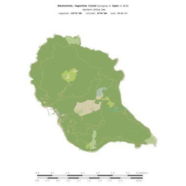 Nakanoshima, Doğu Çin Denizi 'ndeki Kagoshima Adası, Japonya' ya ait, uzaklık ölçeğinde OSM İnsani Yardım Haritası üzerinde izole edilmiş.