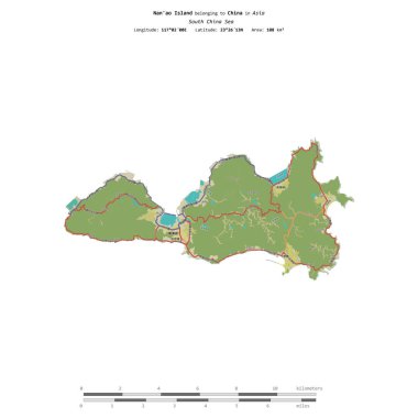 Çin 'e ait olan Güney Çin Denizi' ndeki Nan 'ao Adası, bir topoğrafik, OSM İnsani-stil haritasında, uzaklık ölçeğinde izole edilmiştir.