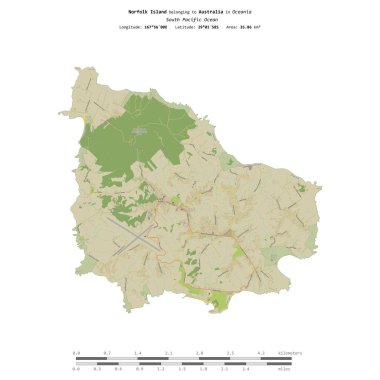 Avustralya 'ya ait olan Güney Pasifik Okyanusu' ndaki Norfolk Adası, uzaklık ölçeğine sahip bir topoğrafik OSM İnsani Stil Haritası üzerinde izole edilmiştir.