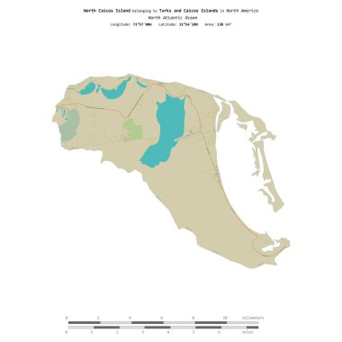 Kuzey Atlantik Okyanusu 'nda, Türk ve Caicos Adalarına ait Kuzey Caicos Adası, uzaklık ölçeğine sahip OSM İnsani Yardım Stili haritası üzerinde izole edilmiştir.