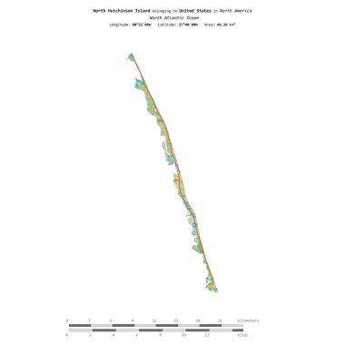 Kuzey Atlantik Okyanusu 'ndaki Kuzey Hutchinson Adası, bir topoğrafi, OSM İnsani-stil haritasında izole edilmiş, uzaklık ölçeğinde