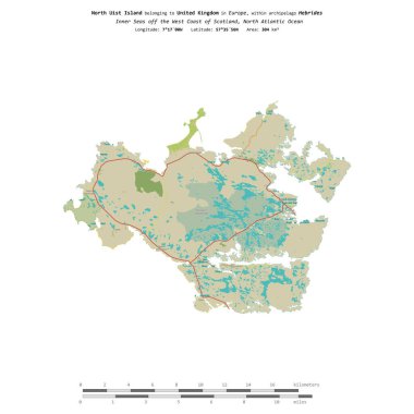 Birleşik Krallık 'a ait Kuzey Atlantik Okyanusu' ndaki Kuzey Uist Adası, uzaklık ölçeğine sahip bir topoğrafik OSM İnsani Stil Haritası üzerinde izole edilmiştir.