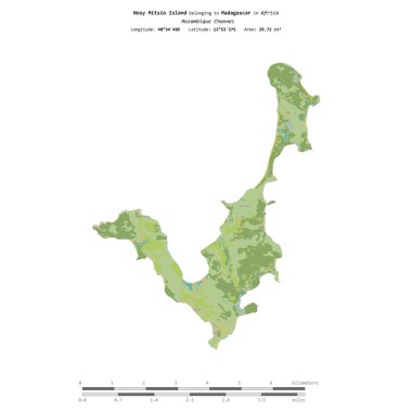 Madagaskar 'a ait Mozambik Kanalı' ndaki Meraklı Mitsio Adası, uzaklık ölçeğinde OSM İnsani Yardım Stili haritasında izole edilmiştir.