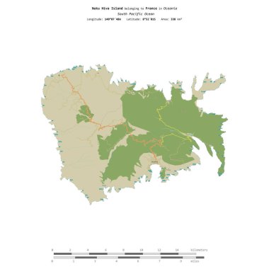 Nuku Hiva Island in the South Pacific Ocean, belonging to France, isolated on a topographic, OSM Humanitarian style map, with distance scale clipart