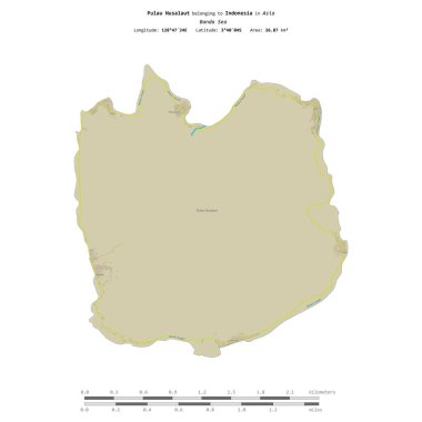 Endonezya 'ya ait Banda Denizi' ndeki Pulau Nusalaut, uzaklık ölçeğinde OSM İnsani Yardım Haritası üzerinde izole edilmiştir.