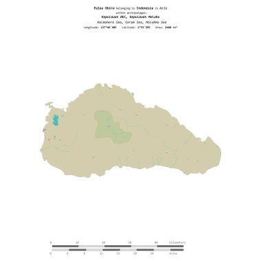 Pulau Obira in the Ceram Sea, belonging to Indonesia, isolated on a topographic, OSM Humanitarian style map, with distance scale clipart