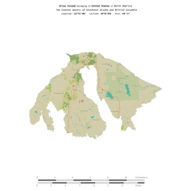 Amerika Birleşik Devletleri 'ne ait Güneydoğu Alaska ve British Columbia' nın Sahil Suları 'ndaki Orcas Adası, uzaklık ölçeğine sahip bir topoğrafya, OSM İnsani Yardım Stili haritasında izole edilmiştir.