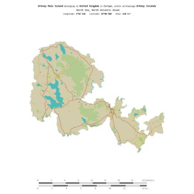 Kuzey Denizi 'nde bulunan ve Birleşik Krallık' a ait olan Orkney ana adası, bir topoğrafi, OSM İnsani-stil haritasında izole edilmiştir.