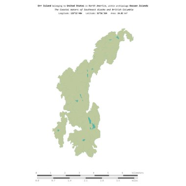 Amerika Birleşik Devletleri 'ne ait Güneydoğu Alaska ve British Columbia' nın Sahil Suları 'ndaki Orr Adası, bir topoğrafi haritada izole edilmiş, OSM İnsani yardım tarzı haritası, mesafe ölçeğinde.